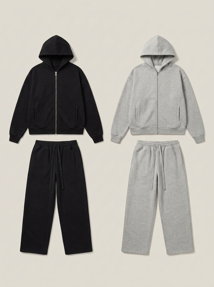 Ensembles noir et gris côte à côte, zip métal argent et cordon plat