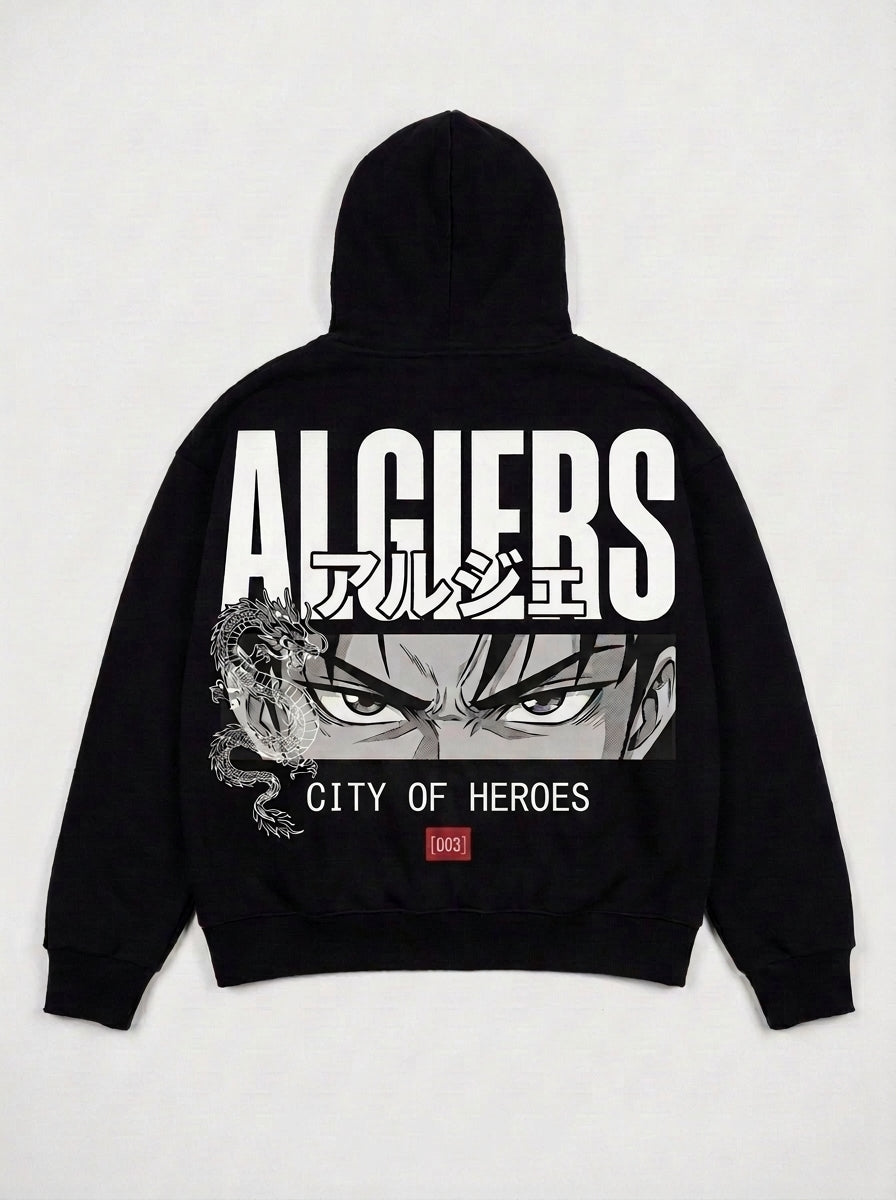 Zip hoodie noir ALGIERS City of Heroes, dos imprimé