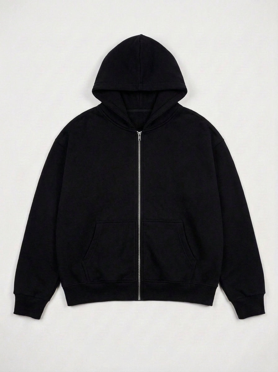 Zip hoodie noir oversize, face unie avec fermeture éclair
