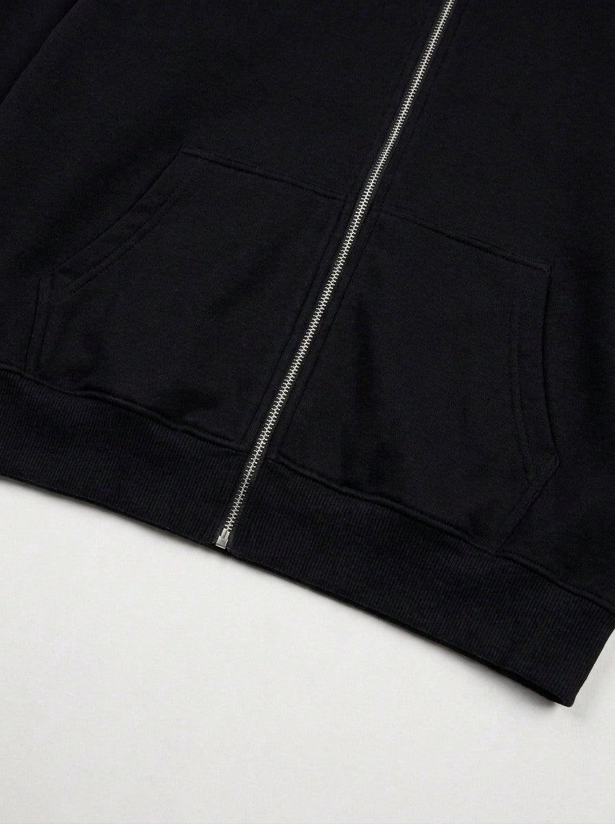 Poches et bas côtelé du zip hoodie