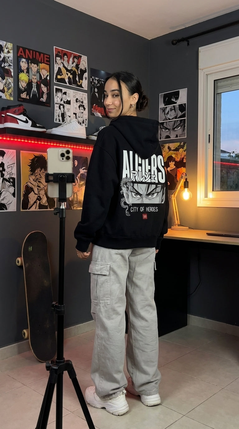 Zip hoodie ALGIERS porté par une fille avec un cargo gris